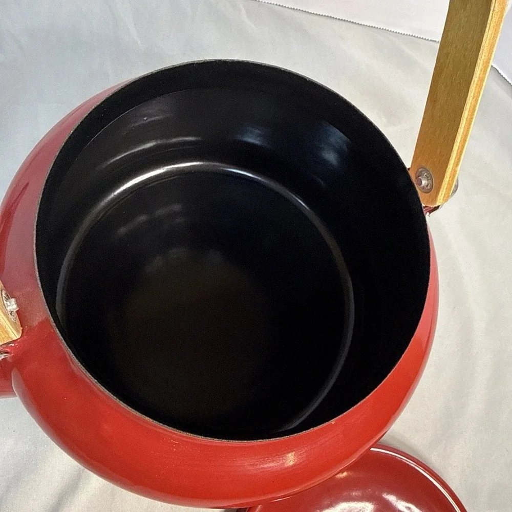 Vintage Mid-Century Modern Red Enamel Stovetop Tea Kettle